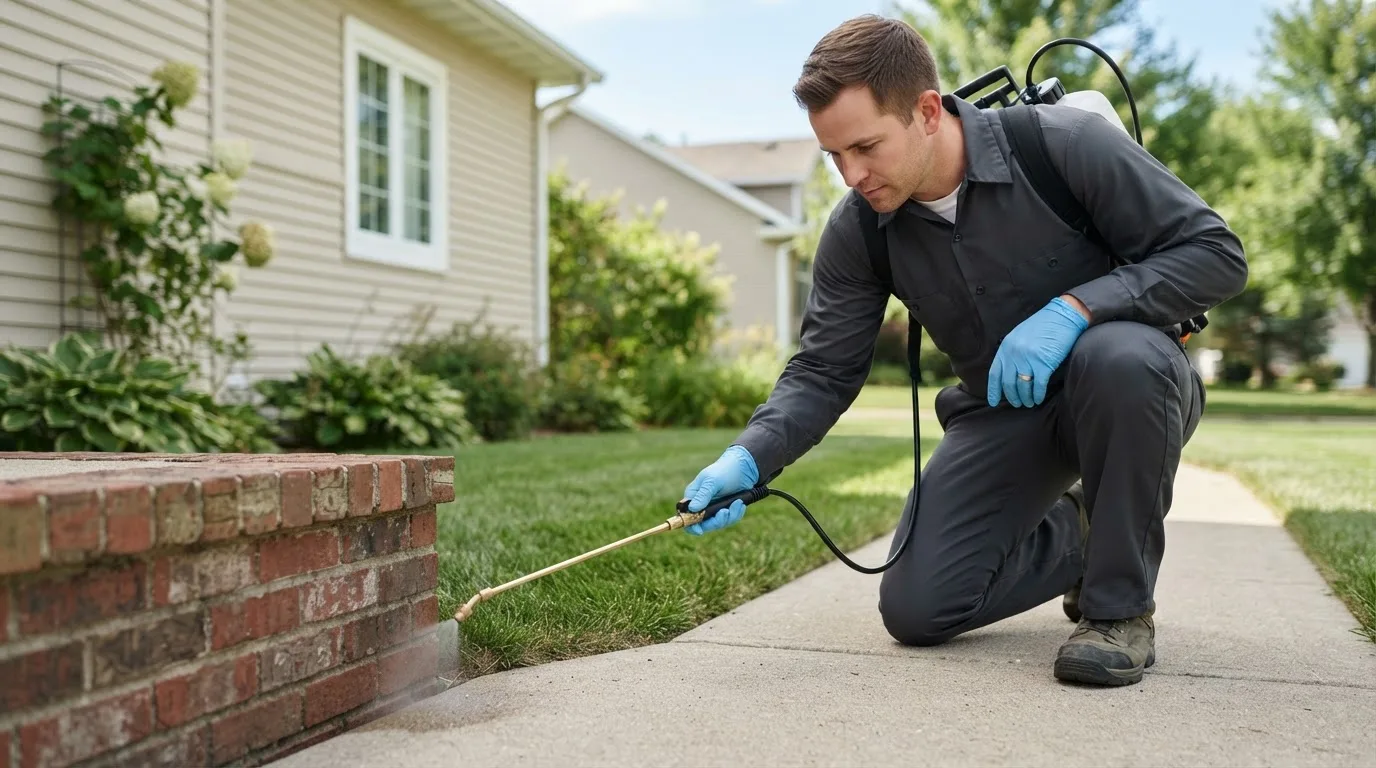 Pest control technician treating a home near Helendale, CA